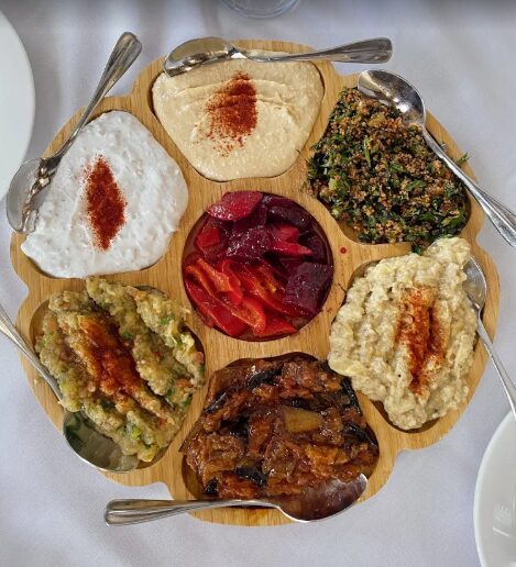 Grand Sahara selection of hummus, eggplant spreads, tabule and Turkish meze